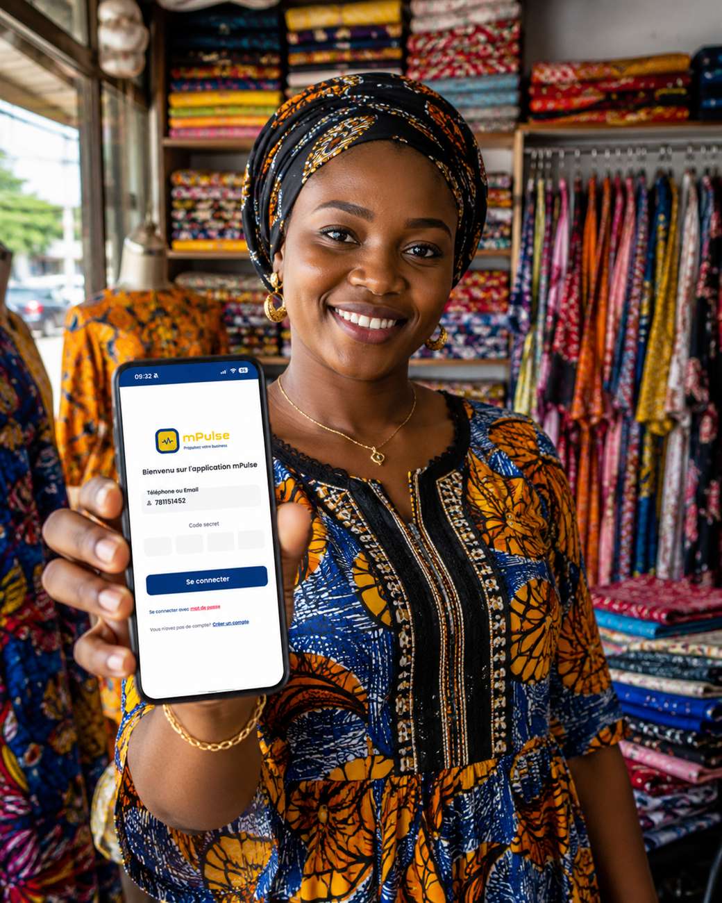 Commerçante utilisant mPulse sur son téléphone dans sa boutique à Dakar