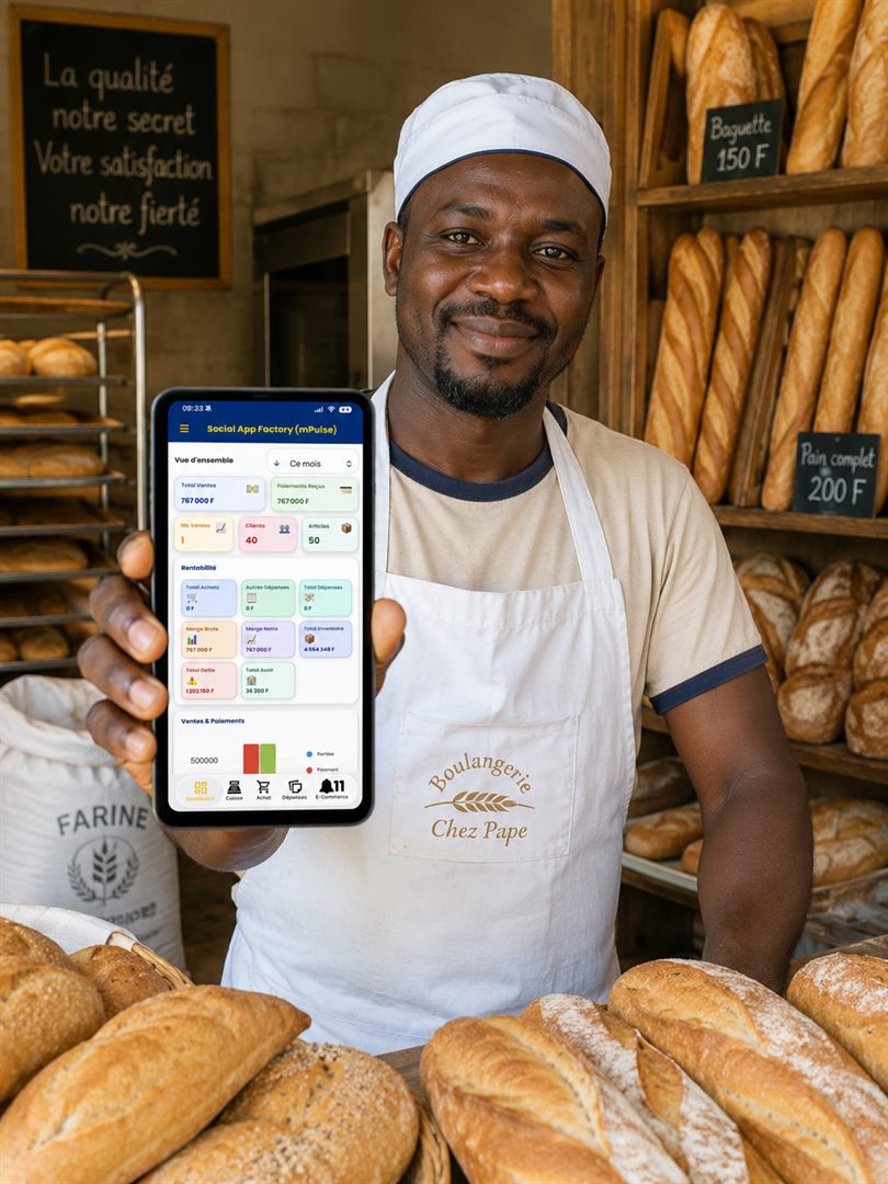 Boulanger devant son présentoir, tablette mPulse affichant la production du jour