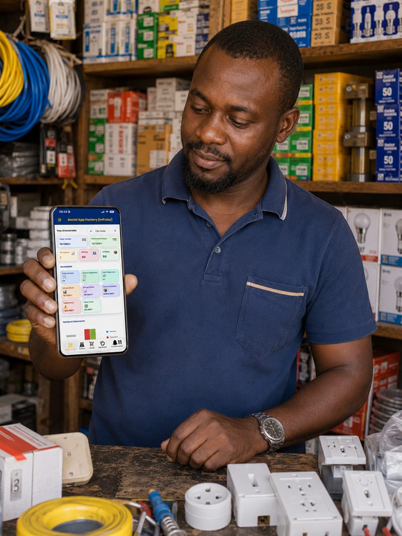 Quincaillier consultant son stock mPulse sur téléphone, rayonnages derrière lui